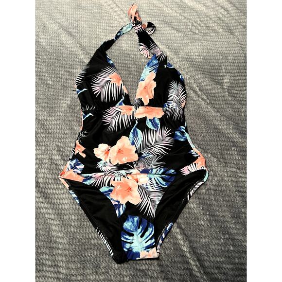 DKNY tummy control floral halter swimsuit womens large tropical vacation travel - Picture 2 of 8